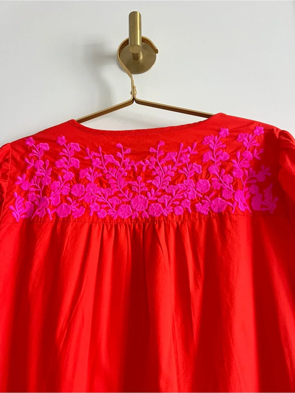 J.Crew Leda Embroidered Popover Dress XS Red Pink Floral Cotton Ruffle Pockets
